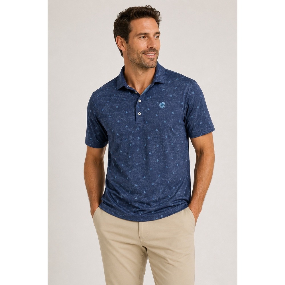 Johnnie-O Polo Shirt Mens Medium Blue Shaka Print UPF 50 Performance Golf